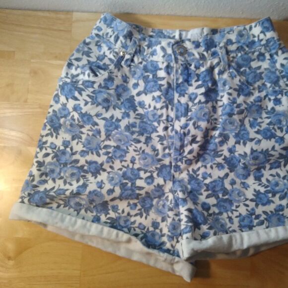 Vintage 90s OSC Sport Blue Roses Denim Jean Shorts High Waist - Picture 2 of 8